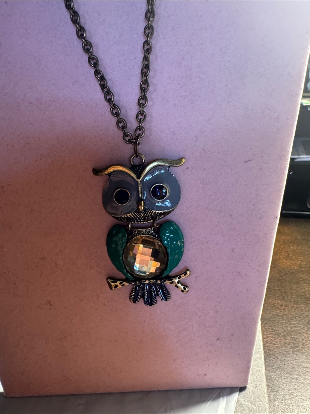 Vintage  Enamel Owl Pendant Necklace in Teal & Copper  17”